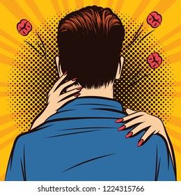 Vector color pop art comic style illustration of a woman hugging a man. Romantic date with hugs and kisses. Love hugs. Valentines day card design. Male back view