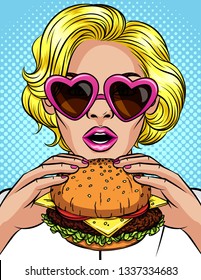 Vector Color Pop Art Comic Style Illustration Of A Girl Eating A Cheeseburger. Beautiful Business Woman Holding A Big Hamburger. Successful Young Lady With Open Mouth Bites A Huge Burger