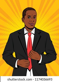 Vector Color Pop Art Style Illustration Of A Businessman In Suit. A Handsome African-American Guy In A Black Jacket. Happy Successful Office Manager