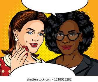 Vector color pop art style illustration of a girl talking. Friendly conversation between two women. Girlfriends tell secrets to each other. Two beautiful ladies are talking.