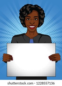 Vector color pop art style illustration of a girl holding a poster. Dark-skinned young woman with a white sheet in her hands. Successful auro american business woman with a poster in front of her.