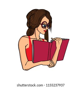 Vector color portrait of girl reading book.