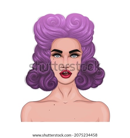 Vector color portrait shocked pin up girl with open mouth in surprise. Beauty Woman with clean healthy skin. Fashion model with retro hairstyle , purple and violet wavy hair. Design print on t-shirt