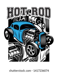 Vector color poster in retro style with hot rod.