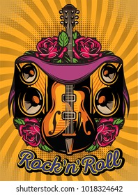 vector color poster template with guitar, speakers and rose.