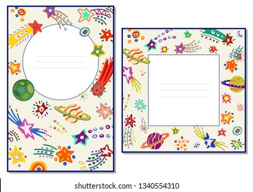 Vector color posters with image of stars and comets in style of children's drawings with place for text on white background. Cosmos. Suitable for schedule, photo frames, children's playroom.