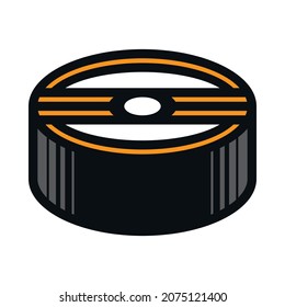 Icono del disco de color vectorial con líneas anaranjadas, arcos y elipse en el centro sobre fondo blanco. Ice de la ilustración del símbolo del hockey sobre hielo.