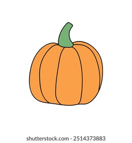 Vector color pumpkin in flat doodle style, isolated. Simple clipart, symbol Halloween, autumn, crop, thanksgiving day, fruitful year.