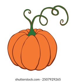 Vektorfarbe Kürbis mit Schnurrbart im flachen Stil, einzeln. Symbol Halloween, Herbst, Ernte, Danksagung, fruchtbares Jahr.