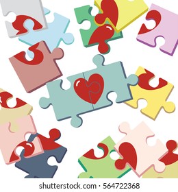 Vector color puzzle pieces with red heart