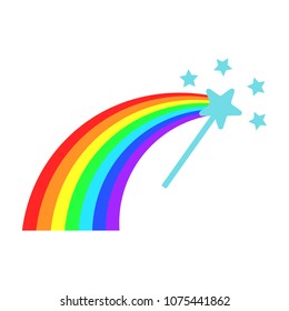 Vector color rainbow with magic wand. Cartoon flat icon. Illustration isolated on white background