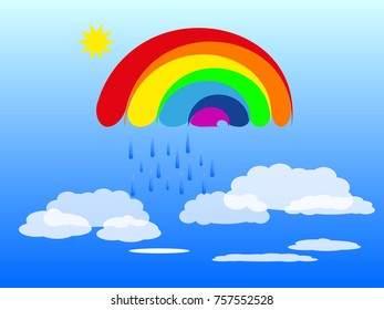 Vector color rainbow on a blue cloudy sky