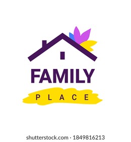 Vector color real estate logo with leaf on roof of the house on white background with word family
