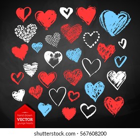 Vector color, red, blue and white  chalk drawn collection of grunge Valentine hearts on blackboard background.