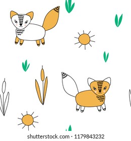 vector color red fox animal simple scandinavian style grass childish for your paper textile design seamless repeating pattern