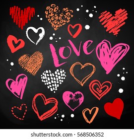 Vector color, red, orange and white chalk drawn collection of grunge Valentine hearts on blackboard background with Love word lettering.