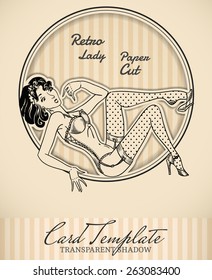 Vector color retro pin-up surprised woman illustration with realistic paper effect and transparent shadows, template for vintage invitation, poster or card