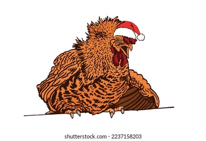 Vector color  rooster in Santa Claus red hat isolated on white background,graphical illustration