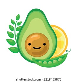 Vector Color Round Icon With Breakfast. Avocado  With Lemon And Herbs. Image From Several Parts. Funny Face. Cartoon Style For Kids. Bright Colors.