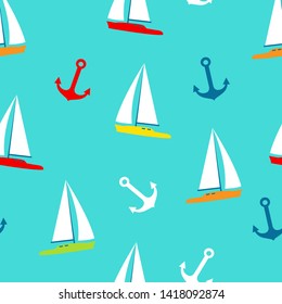 Vector color sailboat and anchor seamless pattern on blue background