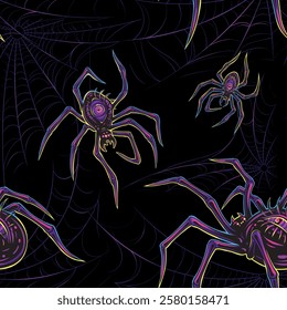 Vector Color Scary Spiders Seamless Pattern