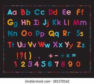 Vector color scribbled alphabet in a black board, all letters, numbers and symbols
