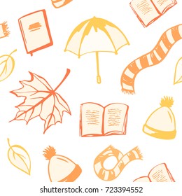 Vector color seamless background with autumn objects: books, leaves, scarfs and others. Autumn illustration.