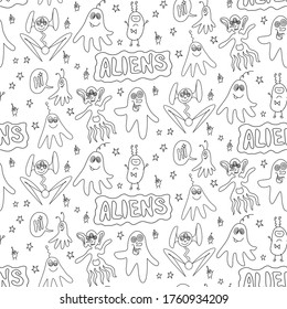 Vector color seamless childish pattern with cute outline monsters aliens, space doodles, lettering. Baby background perfect for fabric, wrapping, wallpaper, textile, apparel, cover, coloring book