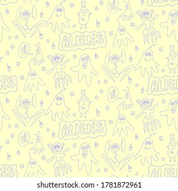 Vector color seamless childish pattern with cute outline monsters aliens, space doodles, lettering. Baby background perfect for fabric, wrapping, wallpaper, textile, apparel, cover