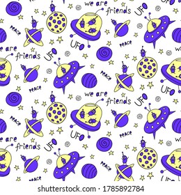 Vector color seamless childish pattern with cute outline monsters aliens, space doodles, lettering, Flying Saucers, UFO. For fabric, wrapping, wallpaper, textile, apparel, cover