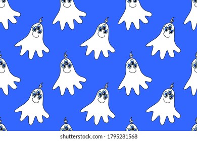 Vector color seamless childish pattern with cute Ghosts. Baby background and texture for Halloween, fabric, wrapping, wallpaper, textile, apparel, cover