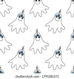 Vector color seamless childish pattern with cute Ghosts. Baby background and texture for Halloween, fabric, wrapping, wallpaper, textile, apparel, cover