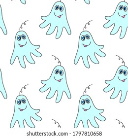 Vector color seamless childish pattern with cute Ghosts. Baby background and texture for Halloween, fabric, wrapping, wallpaper, textile, apparel, cover