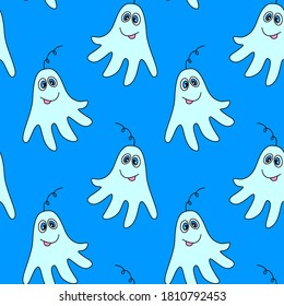 Vector color seamless childish pattern with cute Ghosts. Baby background and texture for Halloween, fabric, wrapping, wallpaper, textile, apparel, cover