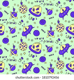 Vector color seamless childish pattern with cute outline monsters aliens, space doodles, lettering, Flying Saucers, UFO. For fabric, wrapping, wallpaper, textile, apparel, cover