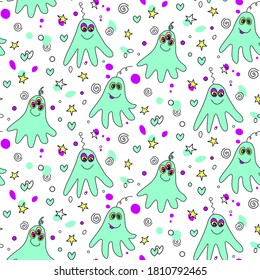 Vector color seamless childish pattern with cute monsters aliens and space doodles. Background and texture for fabric, wrapping, wallpaper, textile, apparel, cover