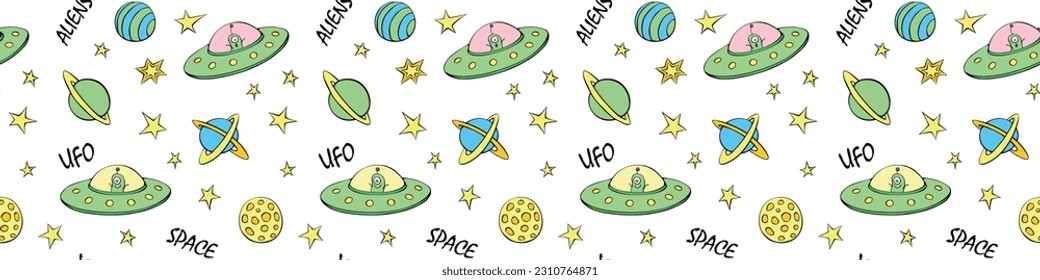 Vector color seamless childish pattern with cute aliens, space doodles, lettering, Flying Saucers, UFO. For kids design, wrapping, wallpaper, textile, apparel