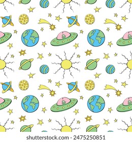 Vector color seamless childish pattern with cute aliens, planets, stars, Flying Saucers, UFO. Funny color background, texture for kids design, wrapping, wallpaper, textile, apparel