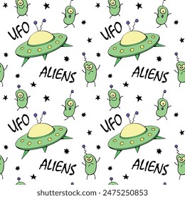 Vector color seamless childish pattern with cute aliens, space doodles, lettering, Flying Saucers, UFO. For kids design, wrapping, wallpaper, textile, apparel