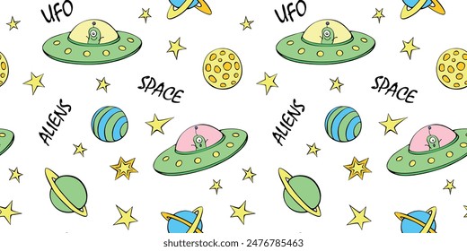 Vector color seamless childish pattern with cute aliens, space doodles, lettering, Flying Saucers, UFO. For kids design, wrapping, wallpaper, textile, apparel