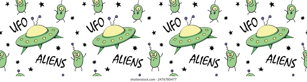 Vector color seamless childish pattern with cute aliens, space doodles, lettering, Flying Saucers, UFO. For kids design, wrapping, wallpaper, textile, apparel