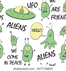 Vector color seamless childish pattern with cute aliens, space doodles, lettering, Flying Saucers, UFO. For kids design, wrapping, wallpaper, textile, apparel