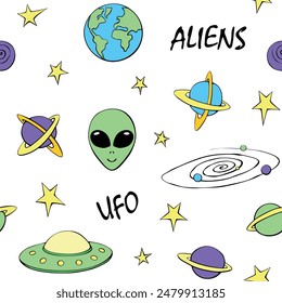 Vector color seamless childish pattern with cute aliens, planets, stars, Flying Saucers, UFO. Funny color background, texture for kids design, wrapping, wallpaper, textile, apparel