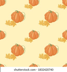 
vector color seamless image of orange pumpkin with autumn leaves on yellow background. for printing on baby textiles, scrapbooking and craftsmanship