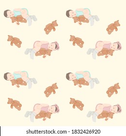 
vector color seamless image of sleeping babies boy and girl lying on their side hugging a teddy bear. for printing on baby textiles, scrapbooking and craftsmanship