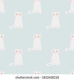 vector color seamless image of a white fluffy kitten sitting on a blue background. for printing on baby textiles, scrapbooking and craftsmanship