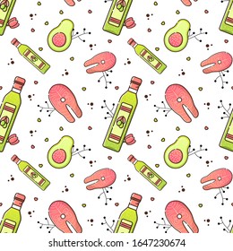 Vector color seamless keto diet pattern in linear style. Healthy lifestyle and balanced foods. Olive oil, salmon fish and avocado on a white background. Used for background, card, banner