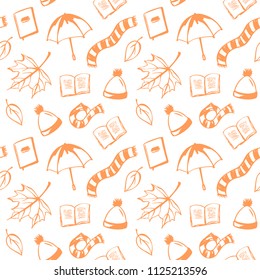Vector color seamless pattern with autumn objects: books, leaves, scarfs and others. Hand drawn doodles.  Autumn illustration. Seamless orange contour fall pattern