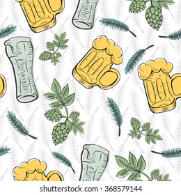 Vector color seamless pattern background with wheat ears. For packaging beer, bread and flour products in your cafe, bar, pub, tavern, brewery, restaurant. Natural organic packaging. St patricks day.