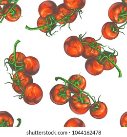 Vector color seamless pattern with fresh vegetables. Vintage hand drawn illustration of red tomatoes on green vine isolated on white. Botanical texture in sketch style.